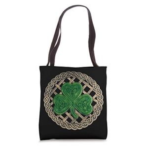 green shamrock, celtic knots with black background tote bag
