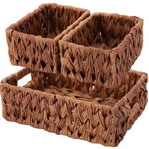 yopay set of 3 hand-woven storage baskets, wicker baskets for organizing, rectangular imitation nesting storage baskets with built-in handles for shelves, walnut decorative basket