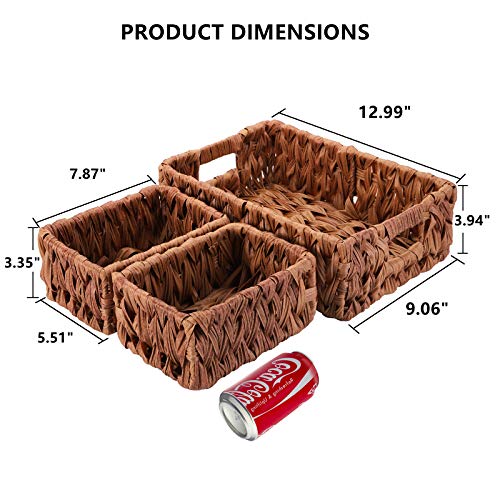 Yopay Set of 3 Hand-Woven Storage Baskets, Wicker Baskets for Organizing, Rectangular Imitation Nesting Storage Baskets with Built-in Handles for Shelves, Walnut Decorative Basket