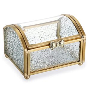 elldoo gold vintage glass jewelry box with clear lid diamond pattern treasure chest box rectangle keepsake box trinket box, small size