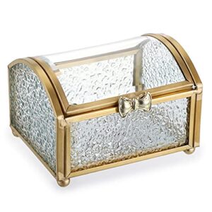 ELLDOO Gold Vintage Glass Jewelry Box with Clear Lid Diamond Pattern Treasure Chest Box Rectangle Keepsake Box Trinket Box, Small Size