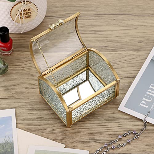 ELLDOO Gold Vintage Glass Jewelry Box with Clear Lid Diamond Pattern Treasure Chest Box Rectangle Keepsake Box Trinket Box, Small Size