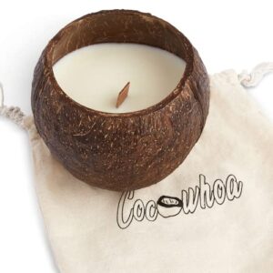cocowhoa coconut shell candle, scented soy essential oil infused candle, natural wood wick, made with reclaimed coconut shells, eco-friendly, toasted coconut scent