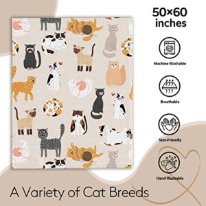 YRAQLVU Cat Throw Blanket - Cat Gifts for Cat Lovers Soft Flannel Bed Blanket Cozy 50x60 inch Winter Cute Animal Blanket for Couch (Beige Cat)