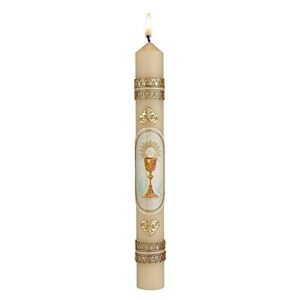 first holy communion hand decorated taper candle with chalice and host design, catholic gifts for girls and boys, tall candles, cirio para primera comunion, 11.25 inches