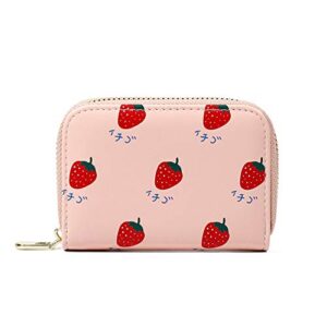 nvkic cute credit card holders for women strawberry pattern zip-around faux leather slim wallet for girls cash coin purse pink color