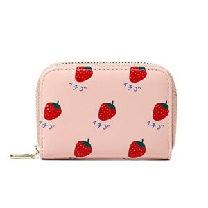 NVKIC Cute Credit Card Holders for Women Strawberry Pattern Zip-Around Faux Leather Slim Wallet for Girls Cash Coin Purse Pink Color