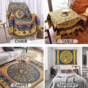 MayNest Boho Woven Throw Blanket Reversible Cotton Bohemian Tapestry Hippie Room Decor Witchy Astrology Zodiac Celestial Constellation Carpet Bed Chair Couch Sofa Cover Double Sided (Yellow, 51x71)