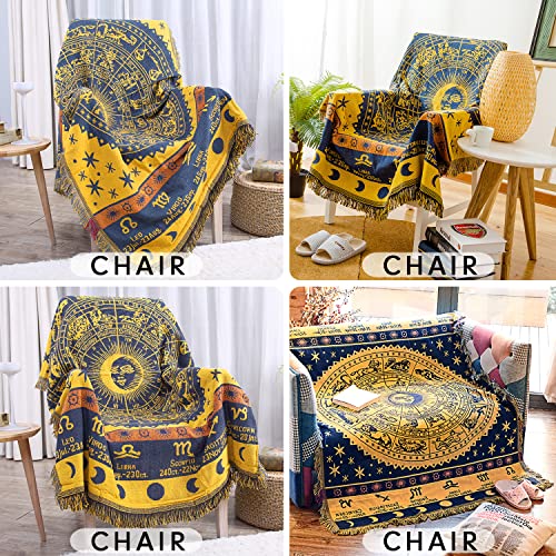 MayNest Boho Woven Throw Blanket Reversible Cotton Bohemian Tapestry Hippie Room Decor Witchy Astrology Zodiac Celestial Constellation Carpet Bed Chair Couch Sofa Cover Double Sided (Yellow, 51x71)