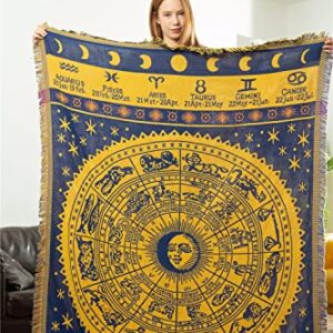 MayNest Boho Woven Throw Blanket Reversible Cotton Bohemian Tapestry Hippie Room Decor Witchy Astrology Zodiac Celestial Constellation Carpet Bed Chair Couch Sofa Cover Double Sided (Yellow, 51x71)