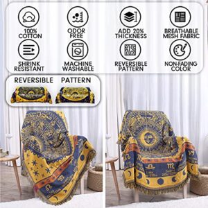 MayNest Boho Woven Throw Blanket Reversible Cotton Bohemian Tapestry Hippie Room Decor Witchy Astrology Zodiac Celestial Constellation Carpet Bed Chair Couch Sofa Cover Double Sided (Yellow, 51x71)