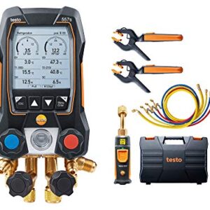 Testo 557s Kit I App Operated Digital Manifold, 2 x testo 115i Pipe Clamp Thermometer, 1 x testo 552i Micron Gauge, 4 x Hoses I for HVAC Systems – with Bluetooth