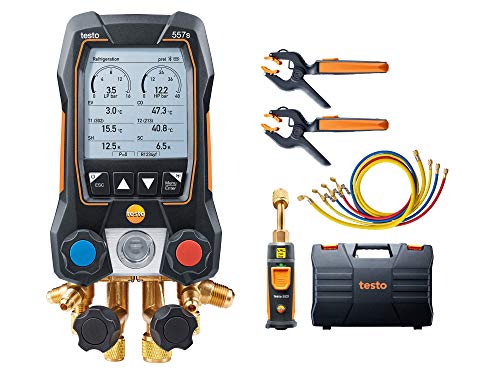 Testo 557s Kit I App Operated Digital Manifold, 2 x testo 115i Pipe Clamp Thermometer, 1 x testo 552i Micron Gauge, 4 x Hoses I for HVAC Systems – with Bluetooth