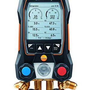 Testo 557s Kit I App Operated Digital Manifold, 2 x testo 115i Pipe Clamp Thermometer, 1 x testo 552i Micron Gauge, 4 x Hoses I for HVAC Systems – with Bluetooth