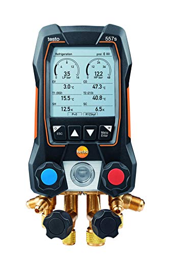 Testo 557s Kit I App Operated Digital Manifold, 2 x testo 115i Pipe Clamp Thermometer, 1 x testo 552i Micron Gauge, 4 x Hoses I for HVAC Systems – with Bluetooth