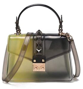 women gradient colorful clear jelly handbag leather satchel purse handbag vintage top handle handbag work tote bag (yellow&black)