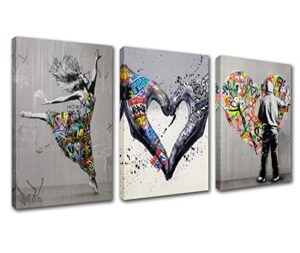 norse street art decor banksy graffiti pictures colorful love word paintings boy and girl artwork 3 panels canvas wall art living room home modern decor framed giclee ready to hang(42”w x 20”h)
