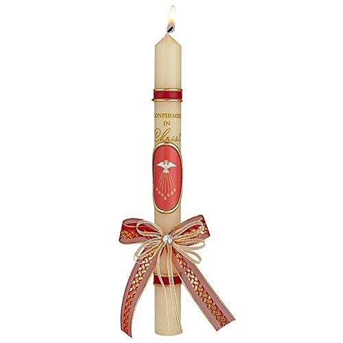 Confirmed in Christ Confirmation Taper Candle, Hand Decorated with Red Ribbon and Dove, Catholic Gifts, 9.75 Inches