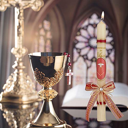 Confirmed in Christ Confirmation Taper Candle, Hand Decorated with Red Ribbon and Dove, Catholic Gifts, 9.75 Inches