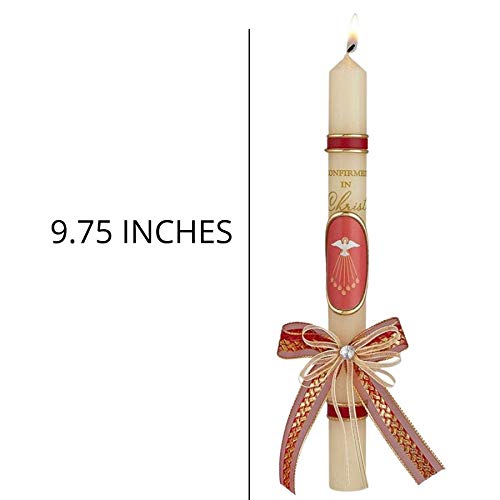 Confirmed in Christ Confirmation Taper Candle, Hand Decorated with Red Ribbon and Dove, Catholic Gifts, 9.75 Inches