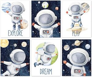 ruiyan 6 pieces funny inspirational cartoon outer space astronaut planet wall art, explore dream discover art for boys,(8*10inch)perfect nursery playroom classroom or children room decor