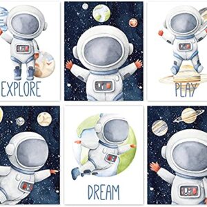 RUIYAN 6 Pieces Funny Inspirational Cartoon Outer Space Astronaut Planet Wall Art, Explore Dream Discover Art for Boys,(8*10inch)Perfect Nursery Playroom Classroom or Children Room Decor