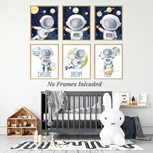 RUIYAN 6 Pieces Funny Inspirational Cartoon Outer Space Astronaut Planet Wall Art, Explore Dream Discover Art for Boys,(8*10inch)Perfect Nursery Playroom Classroom or Children Room Decor