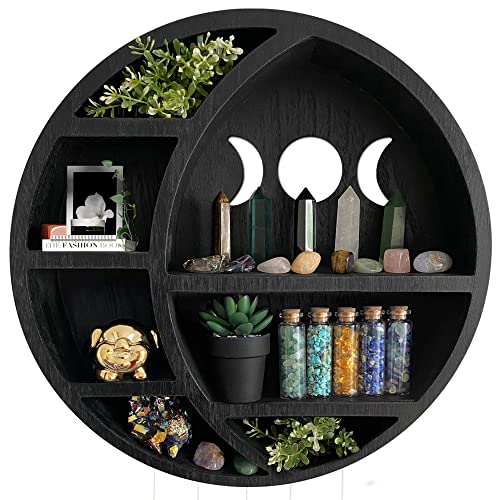 Ella & Emma Wooden Moon Shelf for Crystals - Crescent Moon Crystal Shelf, Crystal Storage & Wall Hanging Shelves for Bedroom Aesthetic, Moon Phase Wall Decor & Crystal Display Shelf, Pinewood, Black