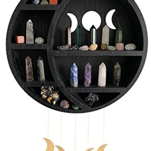 Ella & Emma Wooden Moon Shelf for Crystals - Crescent Moon Crystal Shelf, Crystal Storage & Wall Hanging Shelves for Bedroom Aesthetic, Moon Phase Wall Decor & Crystal Display Shelf, Pinewood, Black