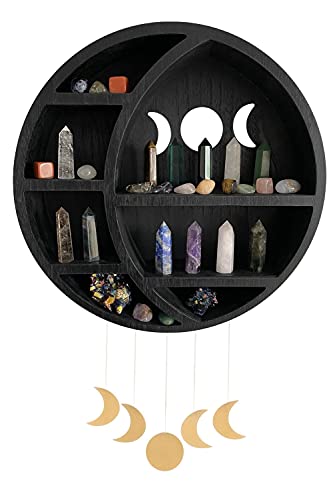 Ella & Emma Wooden Moon Shelf for Crystals - Crescent Moon Crystal Shelf, Crystal Storage & Wall Hanging Shelves for Bedroom Aesthetic, Moon Phase Wall Decor & Crystal Display Shelf, Pinewood, Black