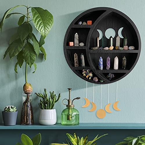 Ella & Emma Wooden Moon Shelf for Crystals - Crescent Moon Crystal Shelf, Crystal Storage & Wall Hanging Shelves for Bedroom Aesthetic, Moon Phase Wall Decor & Crystal Display Shelf, Pinewood, Black