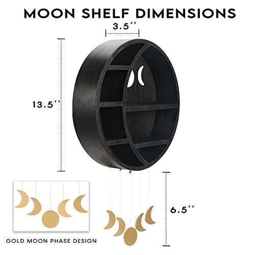 Ella & Emma Wooden Moon Shelf for Crystals - Crescent Moon Crystal Shelf, Crystal Storage & Wall Hanging Shelves for Bedroom Aesthetic, Moon Phase Wall Decor & Crystal Display Shelf, Pinewood, Black