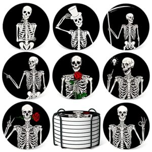 absorbent coasters stone coaster set of 8, cork base, with holder, teivio funny skull skeleton halloween coasters for housewarming apartment kitchen room bar décor