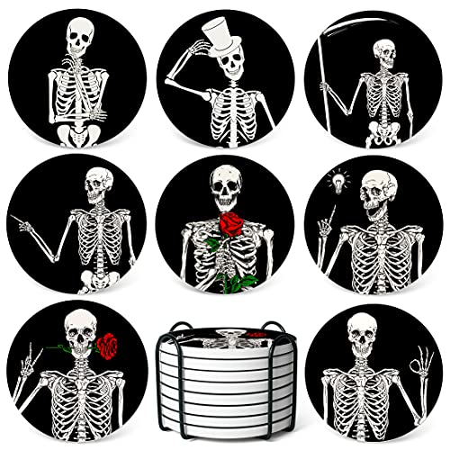 Absorbent Coasters Stone Coaster Set of 8, Cork Base, with Holder, Teivio Funny Skull Skeleton Halloween Coasters for Housewarming Apartment Kitchen Room Bar Décor