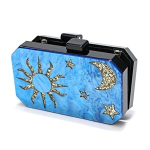 Acrylic Small Clutch Purses for Women,Gold Stars Moon and Sun Patterns, Blue Evening Clutch for Party