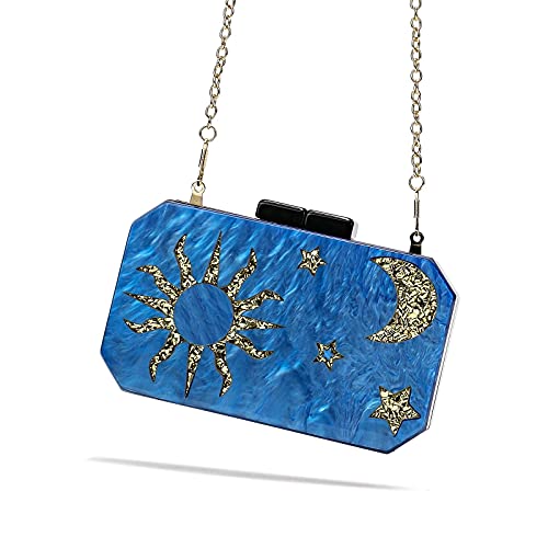 Acrylic Small Clutch Purses for Women,Gold Stars Moon and Sun Patterns, Blue Evening Clutch for Party