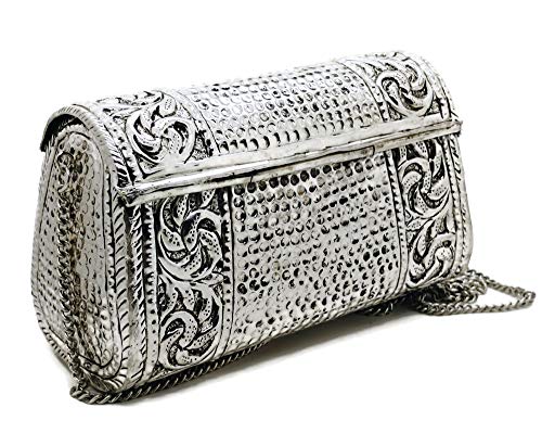 Trend Overseas women gift bridal bag Brass Metal Clutch Sling Bag Indian Ethnic Antique clutch (Silver)