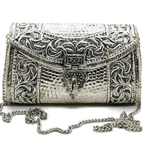 Trend Overseas women gift bridal bag Brass Metal Clutch Sling Bag Indian Ethnic Antique clutch (Silver)