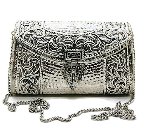 Trend Overseas women gift bridal bag Brass Metal Clutch Sling Bag Indian Ethnic Antique clutch (Silver)