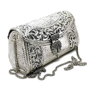 Trend Overseas women gift bridal bag Brass Metal Clutch Sling Bag Indian Ethnic Antique clutch (Silver)