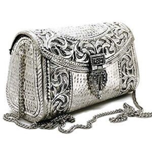 Trend Overseas women gift bridal bag Brass Metal Clutch Sling Bag Indian Ethnic Antique clutch (Silver)