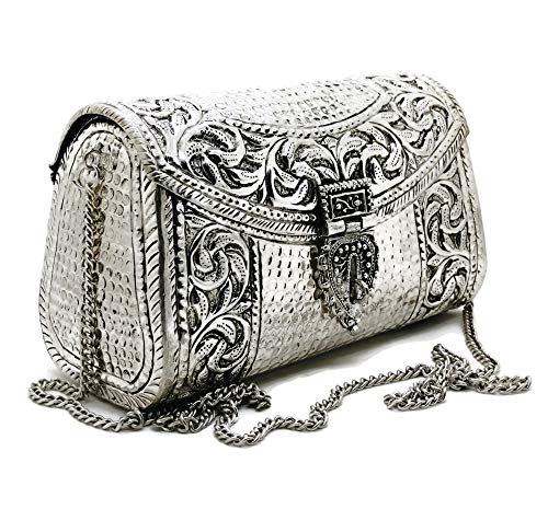 Trend Overseas women gift bridal bag Brass Metal Clutch Sling Bag Indian Ethnic Antique clutch (Silver)