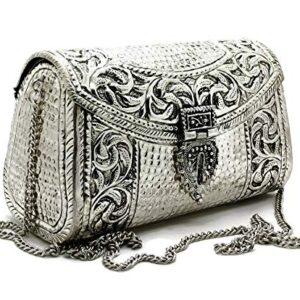 Trend Overseas women gift bridal bag Brass Metal Clutch Sling Bag Indian Ethnic Antique clutch (Silver)