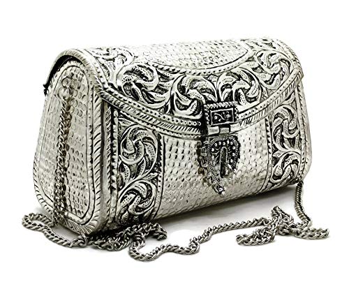 Trend Overseas women gift bridal bag Brass Metal Clutch Sling Bag Indian Ethnic Antique clutch (Silver)