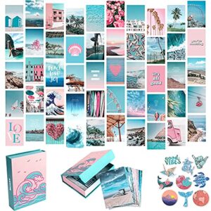 artivo blue wall collage kit aesthetic pictures, 50 set 4×6 inch, pink vsco bedroom decor for teen girls, summer beach wall art print, dorm photo collection, small posters for room