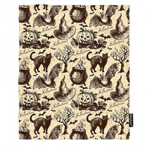 moslion halloween pattern throw blanket retro vintage style animal cat pumpkin owl bat witch hat tree cozy throw blanket for couch bed sofa car soft throw blanket flannel 30×40 inch