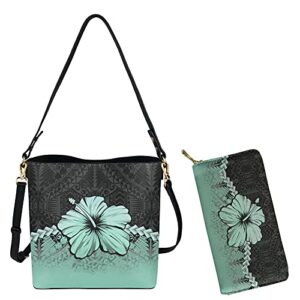 fkelyi leather hobo bags women hawaiian floral with polynesian bucket shoulder crossbody bags for ladies girls handbags with wallet set