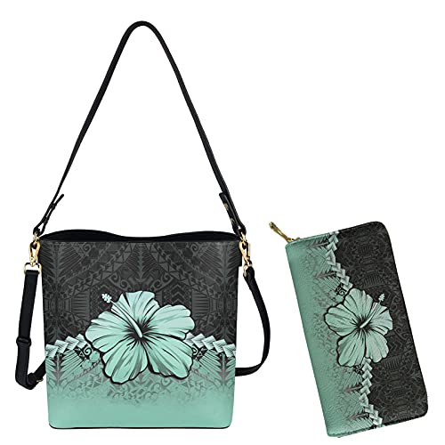 FKELYI Leather Hobo Bags Women Hawaiian Floral with Polynesian Bucket Shoulder Crossbody Bags for Ladies Girls Handbags with Wallet Set