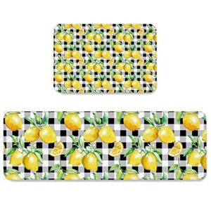 SUN-Shine Watercolor Yellow Lemon Buffalo Plaid Kitchen Rug Set 2 Pieces Cushioned Kitchen Floor Mats Comfort Soft Standing Doormat, Non Slip Rugs and Runner Black White