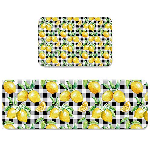 SUN-Shine Watercolor Yellow Lemon Buffalo Plaid Kitchen Rug Set 2 Pieces Cushioned Kitchen Floor Mats Comfort Soft Standing Doormat, Non Slip Rugs and Runner Black White